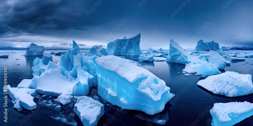 Mer calme dans l'Arctique ou Antarctique avec une multitude d'iceberg Mer calme dans l'Arctique ou Antarctique avec une multitude d'iceberg