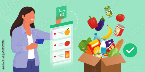 Happy woman doing online grocery shopping