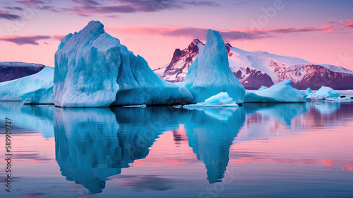 Paysage du grand nord Arctique ou Antarctique avec iceberg et montagne en arrière plan au moment du couché de soleil