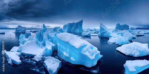 Mer calme dans l'Arctique ou Antarctique avec une multitude d'iceberg