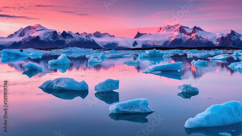 Paysage du grand nord Arctique ou Antarctique avec iceberg et montagne en arri  re plan au moment du couch   de soleil