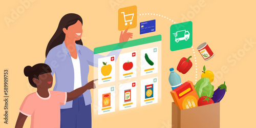 Mother and daughter doing grocery shopping on a virtual interface