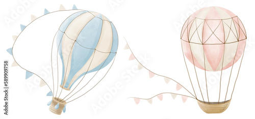 Photos Set of Hot Air Balloons in pastel blue and pink colors for Baby Shower