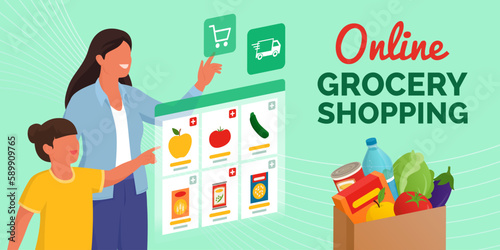 Mother and daughter doing grocery shopping on a virtual interface
