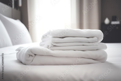 Roll of clean bath towel on white table, copy space   folded terry towels lie on clean white bed. Cleaning in guest room of hotel, cleanliness, laundry, Generative AI © interior