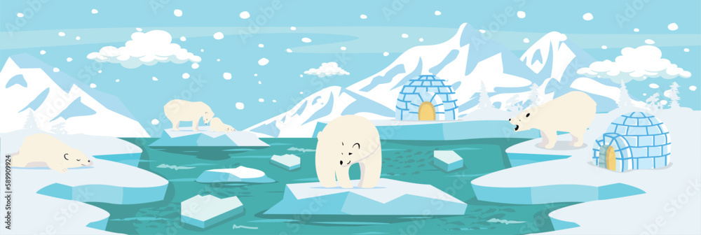 Naklejka premium North pole Arctic landscape with polar bears
