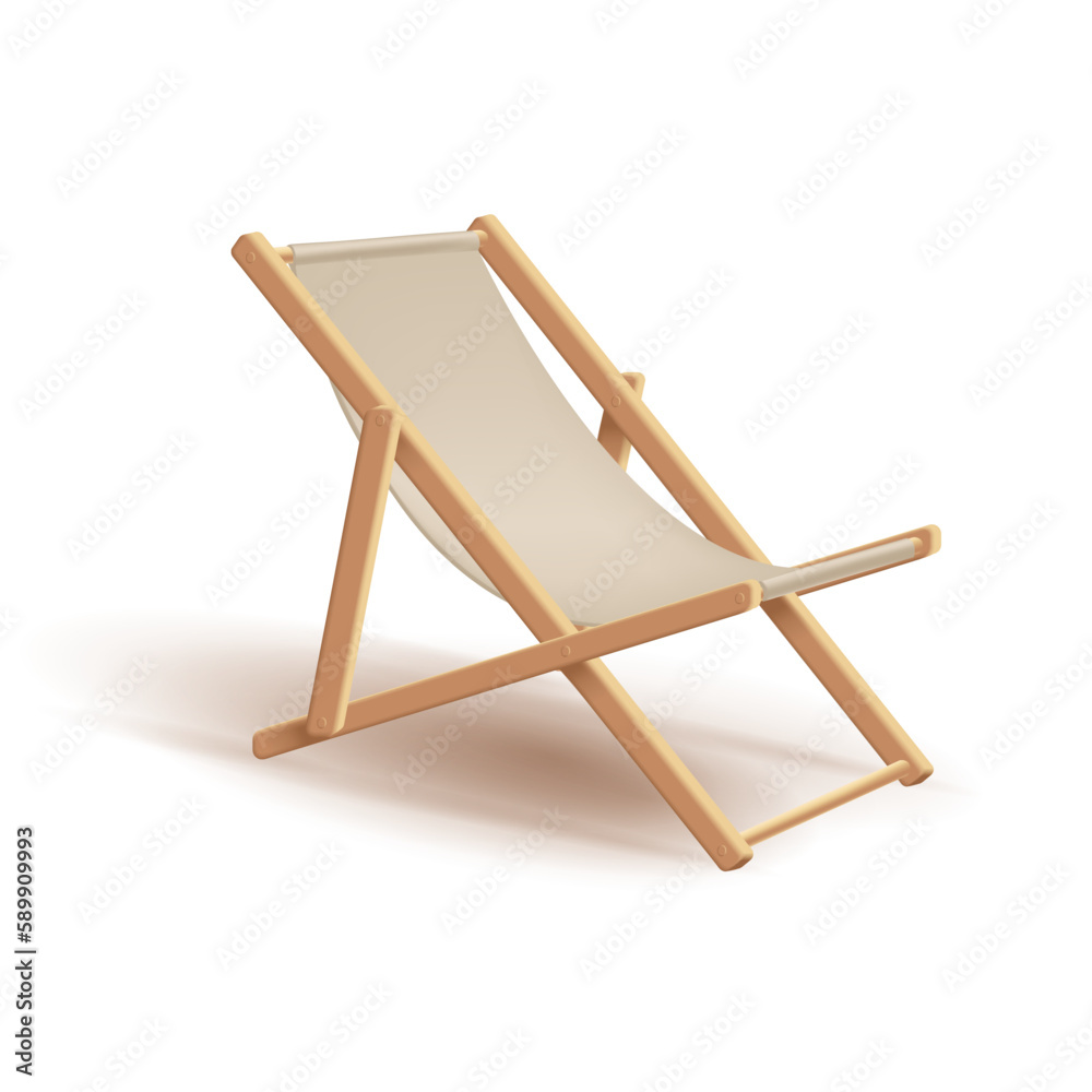 3d realistic natural linen beach chair with wooden construction isolated on white background. Vector illustration