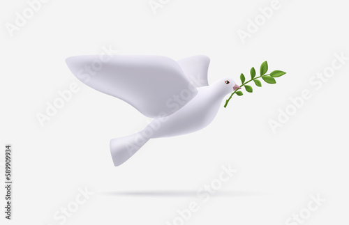 3d illustration of isolated dove and olive branch. Symbol of peace, render stylized