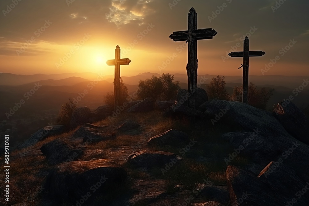 Three crosses in the calvary mountain at sunset Generative AI