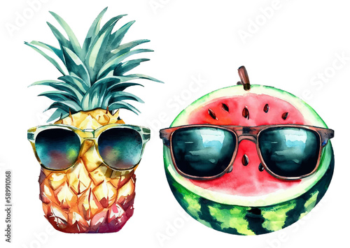 Pineapple and watermelon wearing sunglasses, funny watercolor vector illustration, summer vibe