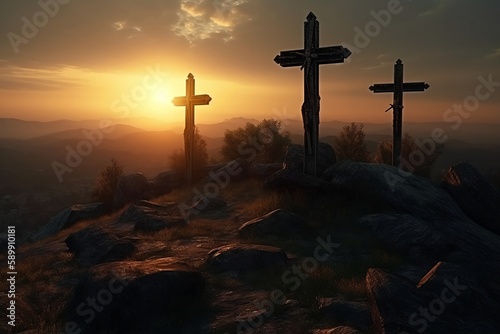 Three crosses in the calvary mountain at sunset Generative AI