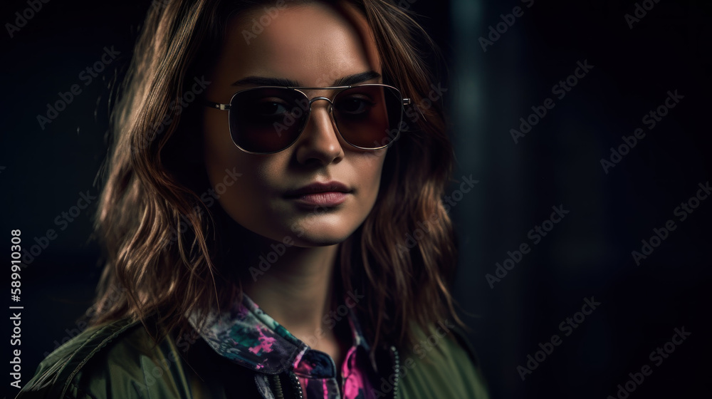 Beautiful woman in sunglasses with reflection created with generative AI technology