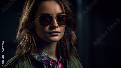 Beautiful woman in sunglasses with reflection created with generative AI technology