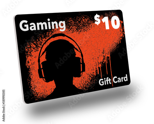 A gaming system gift card is seen in a 3-d illustration about online gaming and fee payments. A gamer in headphones is pictured on the card. photo