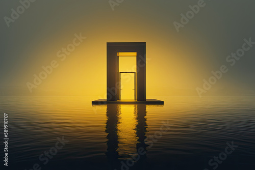 A glowing yellow door in fog in the middle of the water. Created with Generative AI technology. photo