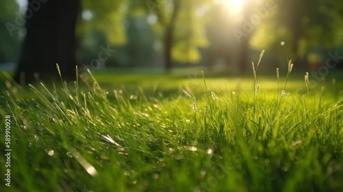 Fresh green garden lawn in spring summer time with sunbeam in background (Generative AI)