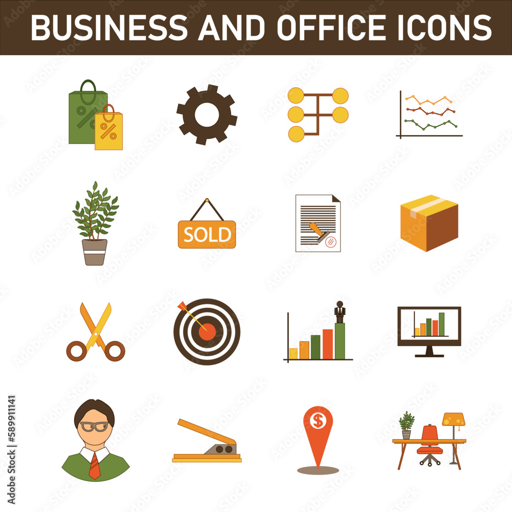 Collection of multi-colored flat icons on the topic: business and office. Isolated on white background. Collection of multi-colored flat icons on the topic: business and office. Isolated on white background.