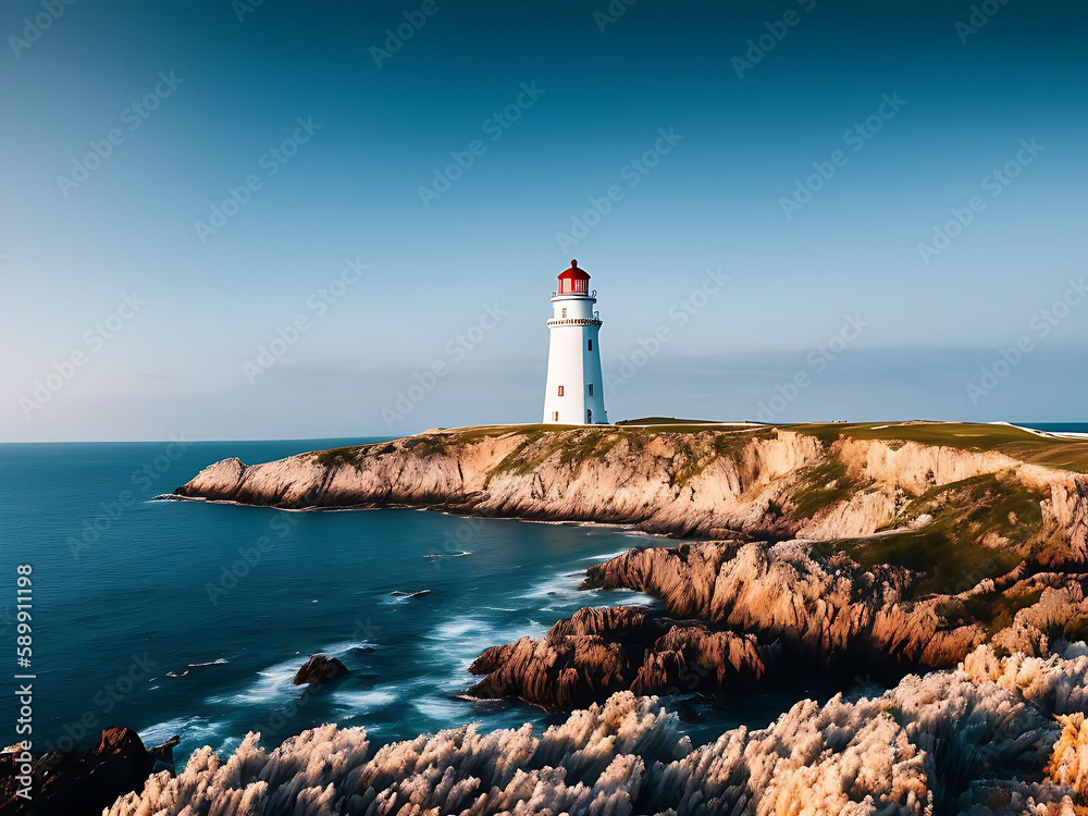 Lighthouse on the sea coast. Illustration background, Generative AI