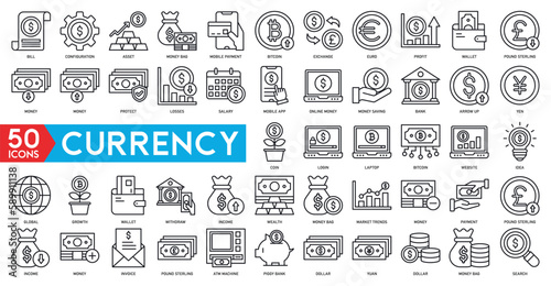 Currency icon set - certificate vector, exchange, gold ingot, japanese candle, credit card, wallet, cash, money bag, piggy bank, dollar growth, coin stack, check, building, medal, shield, monitor