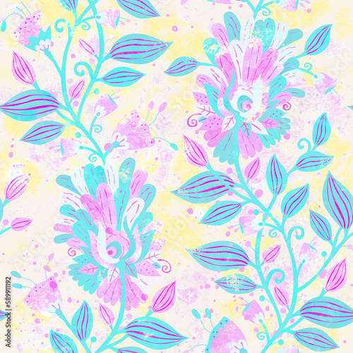 Seamless background. Floral ornament. Raster illustration. Seamless pattern. Printing on fabric and paper. Packaging, wrapping, textile design. Watercolor style.