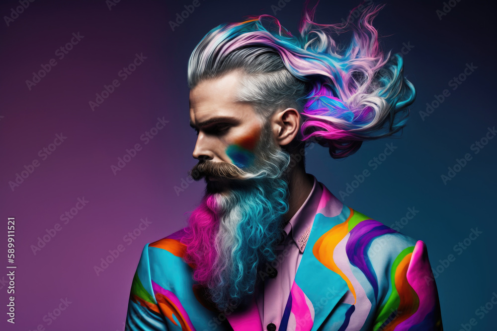 Young man funny portrait with hipster hairstyle and beard. Generative AI. Young man funny portrait with hipster hairstyle and beard. Generative AI.