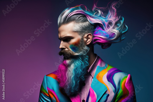 Young man funny portrait with hipster hairstyle and beard. Generative AI.