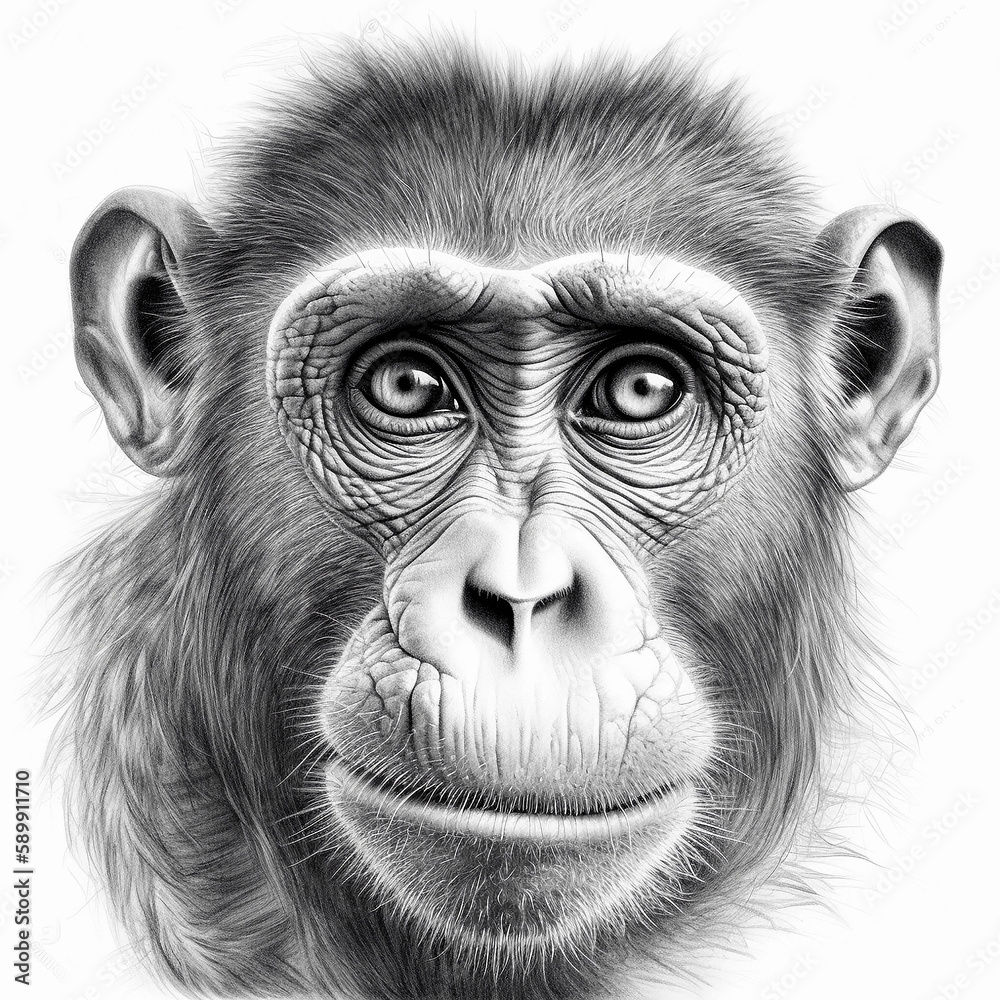 Chimpanzee monkey face in black and white drawing on white background, T-shirt design. Generative AI - obrazy, fototapety, plakaty 