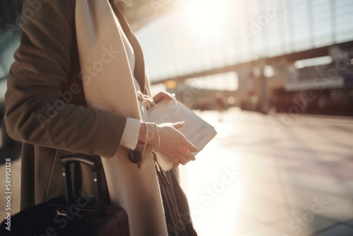 the hands of a young woman hold a bag with documents on the background of the airport or train station. Generative AI