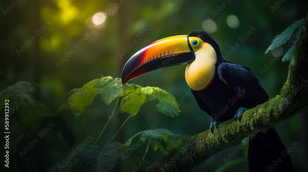 Toucan on a branch in a jungle. Generative AI