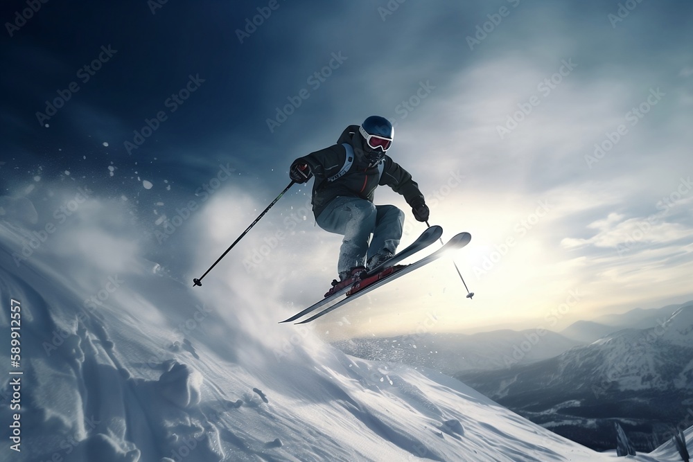 Skifahrer während des Sprungs bei der Abfahrt, AI generiert - obrazy, fototapety, plakaty 