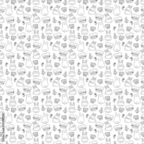 Seamless pattern with cute Easter rabbits, Easter cakes and flowers. Doodle vector illustration.