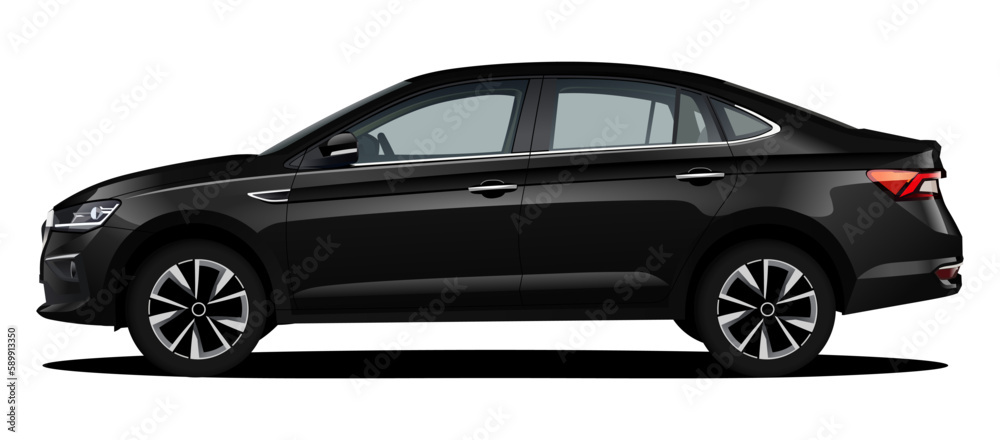 realistic vector black car sedan isolated with gradients, shadow and side view