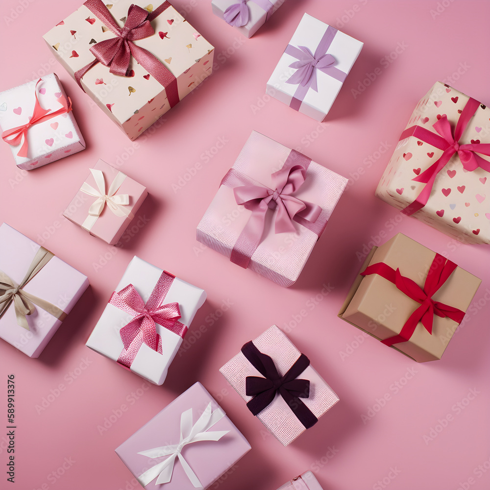 Set of different present boxes with silk ribbons bow on paslet pink background, gift card. Gift or holiday concept. Mothers Day, birthday, wedding or St Valentines day banner. Generative AI Set of different present boxes with silk ribbons bow on paslet pink background, gift card. Gift or holiday concept. Mothers Day, birthday, wedding or St Valentines day banner. Generative AI
