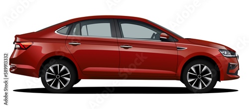 realistic vector red car sedan isolated with gradients  shadow and side view
