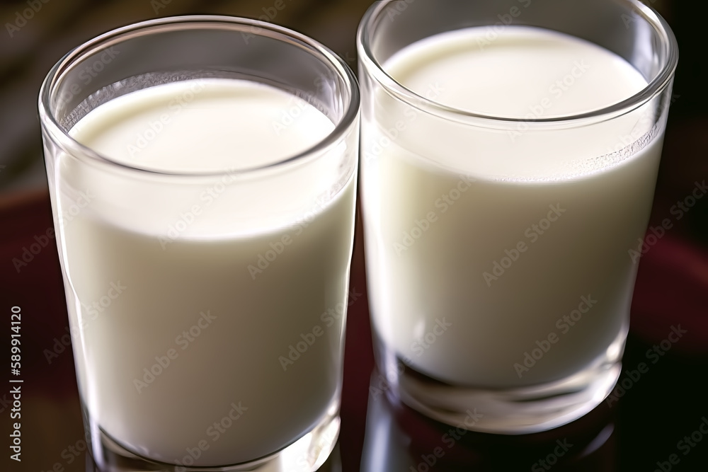 DOS VASOS DE LECHE DESCE CERCA. ILUSTRACION. COLOR. IA GENERATIVA. HORIZONTAL