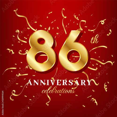 86 golden numbers and anniversary celebrating text with golden confetti spread on a red background
