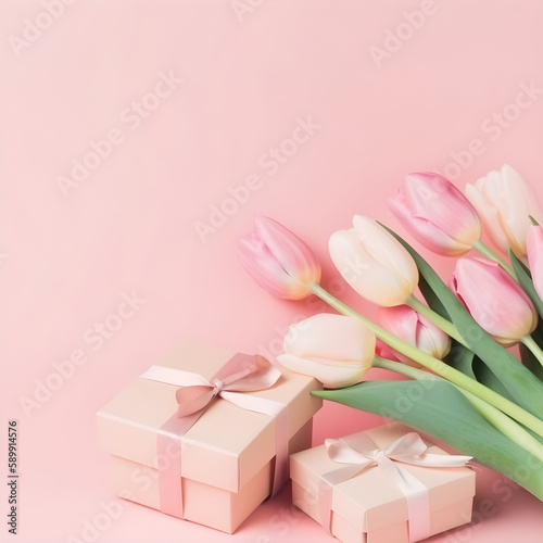 Present boxes with silk ribbon bow and tulips on paslet pink background, gift card. Gift or holiday concept. Mothers Day, birthday, wedding or St Valentines day banner with copy space. Generative AI © Alina