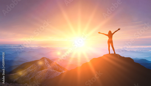 Woman standing at top of mountain as sun begins to set. Success Business Leadership. Goals, hopes and aspirations concept. Female silhouette on sunrise mountain background