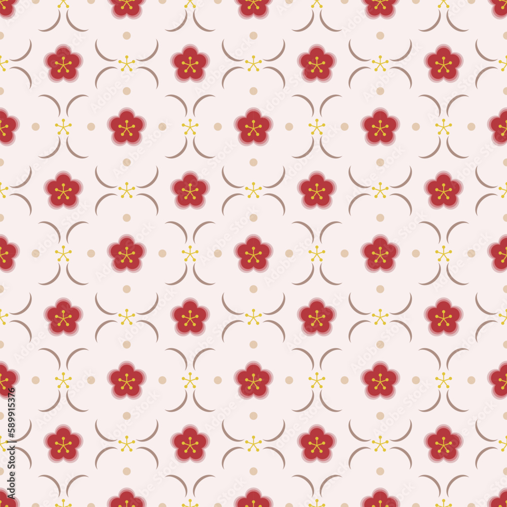 In this seamless pattern, red flowers are arranged in lovely shapes, beautiful colors, decorated with circle dots and flower pollen on a white tone background, looking sweet and fresh.