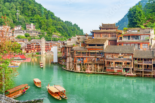 Photography Awesome view of wooden tourist boats on the Tuojiang River