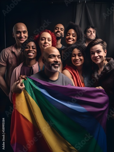 Group photo holding PRIDE flag, diversity, equity, inclusion, LGBTQA+, AI-generated