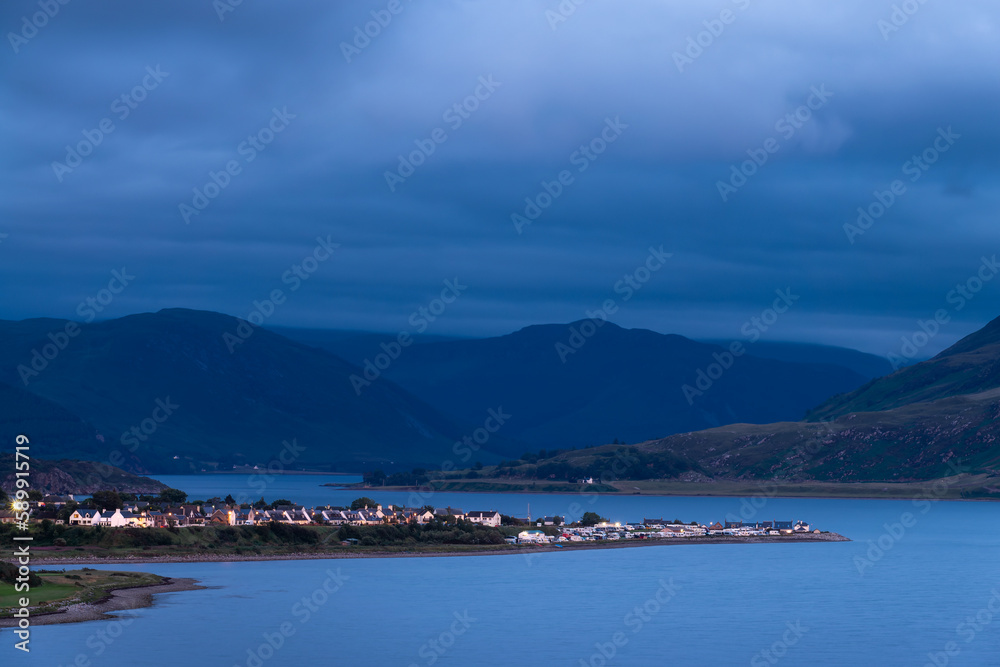 Loch Broom and the town of Ullapool at night, Highlands, Scotland, UK