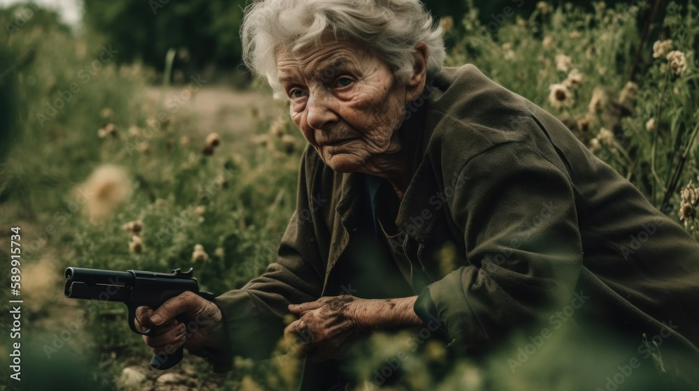 Elderly woman with gun created with generative AI technology