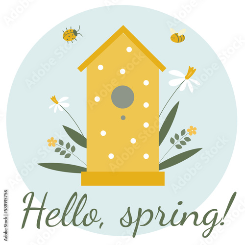 vector spring birdhouse with cute flowers, bugs and bees