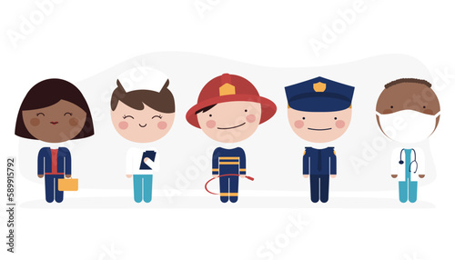 Día del trabajo. Trabajadores: Enfermera, bombero, policía,  doctor, medico, cirujano, contadora, abogada, jueza. Diversidad de personas con diferentes profesiones, empleos, trabajos sobre fondo plano
