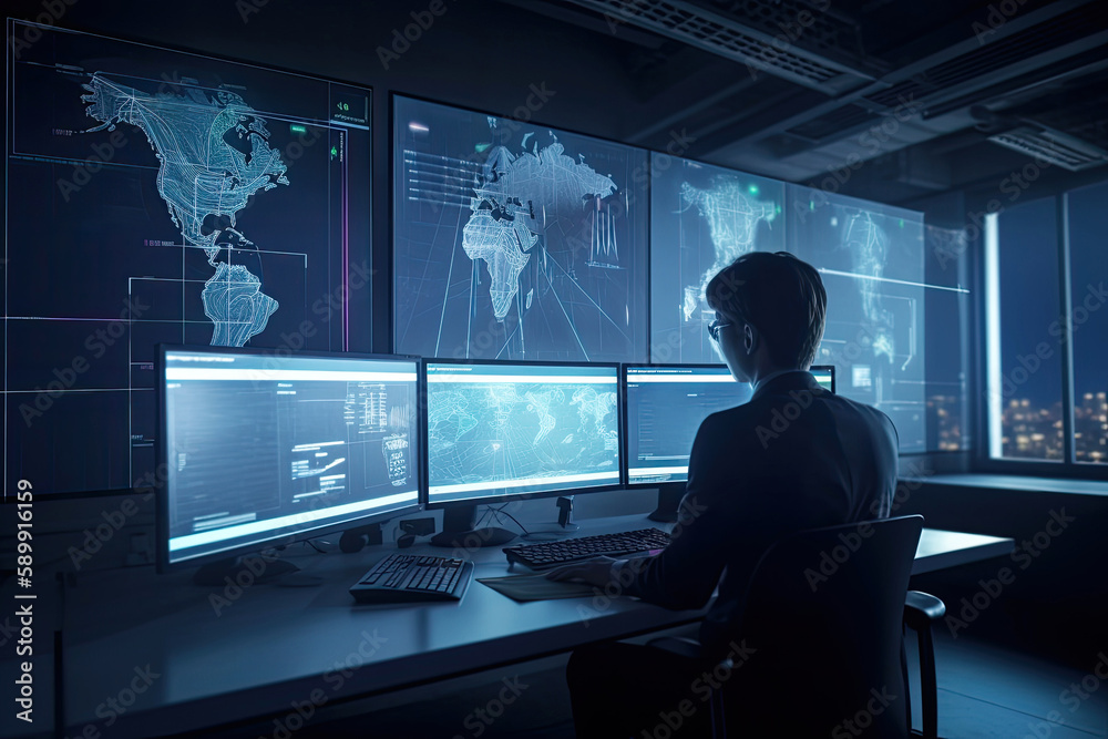 AI generated illustration Trader doing analysis and trading behind multiple screens showing charts and statistics. AI generated illustration Trader doing analysis and trading behind multiple screens showing charts and statistics.