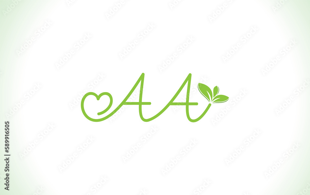 Fototapeta premium Nutrition logo and green healthy love leaf symbol with love font logo design. Heart sign leaf nature logo. Green eco letters logo