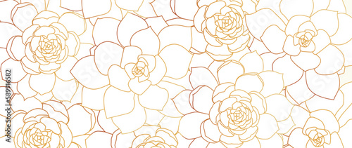 Luxury golden succulents vector background. Desert flower line art background vector. Natural botanical elegant flower, golden line echeveria. Design illustration for decoration, wall decor, wallpaper