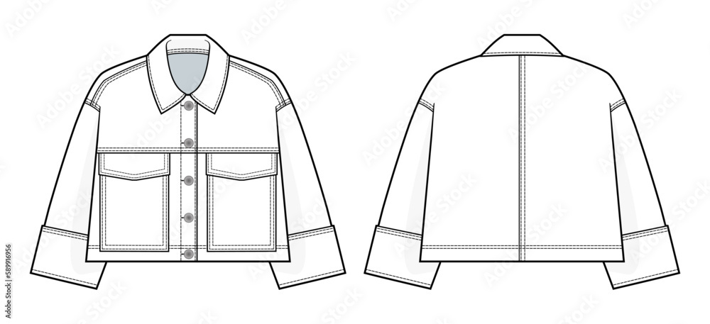 Denim Cropped Jacket with oversized pockets fashion technical drawing ...