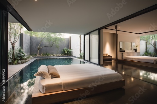 Modern contemporary loft bedroom   Luxurious large bedroom   Luxury double bedroom with golden furniture in royal interior   Luxurious bedroom with gilt double bed and bedside tables  Generative AI